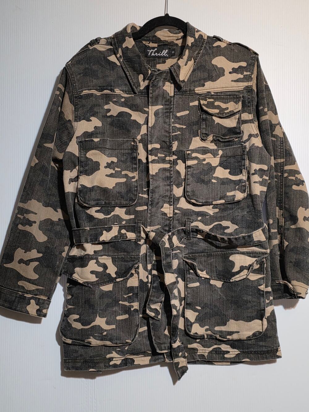 Thrill Camouflage Utility Trench Jacket Size 1X Camo Belted Denim Military Top